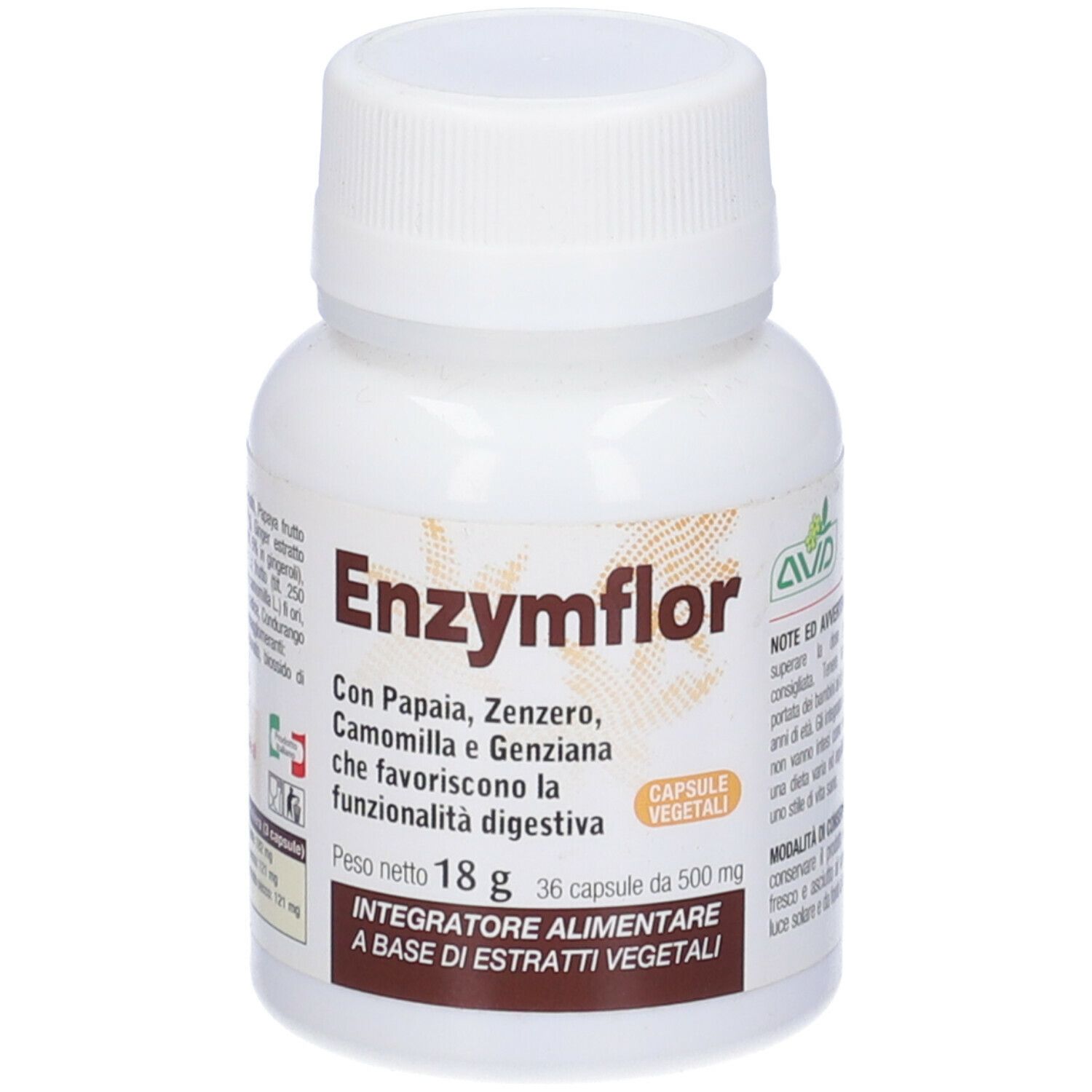 Flacone bianco di Enzymflor. Contiene 36 capsule. Etichette marroni e bianche con informazioni sul prodotto.