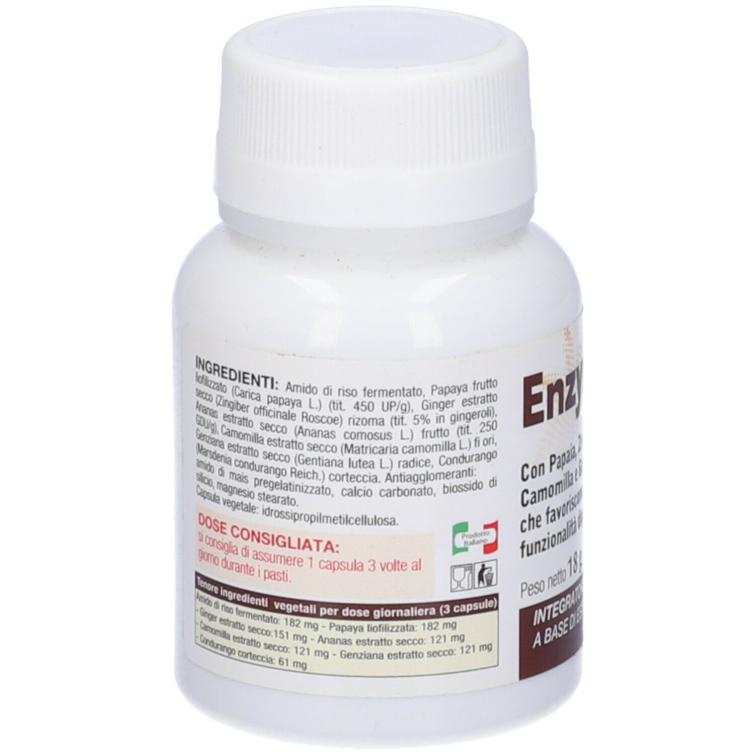 Flacone bianco con informazioni sul prodotto. Contiene 36 capsule. Etichette con ingredienti e dosaggio.