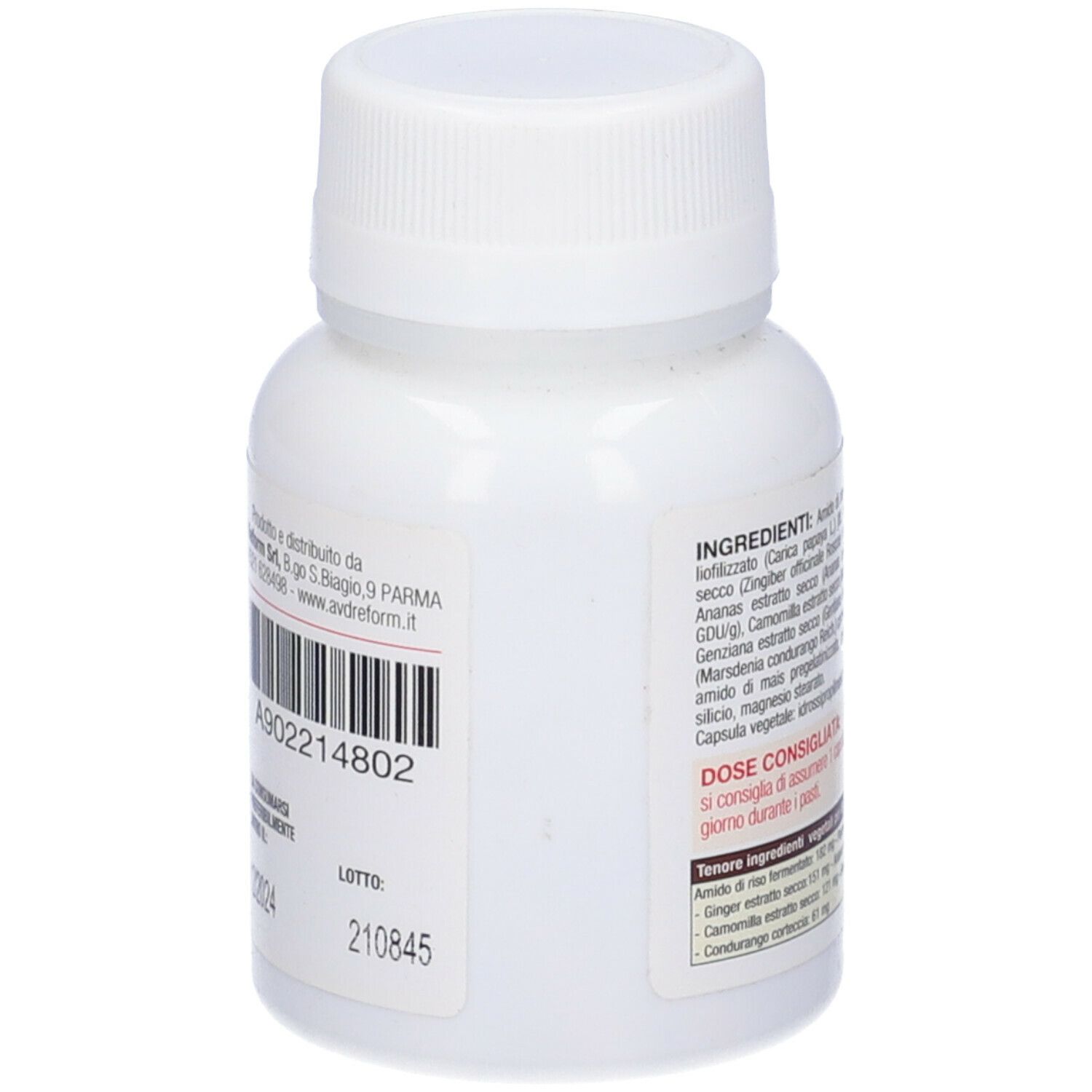 Flacone bianco con informazioni sul prodotto. Contiene 36 capsule. Etichette con numero di lotto e produttore.