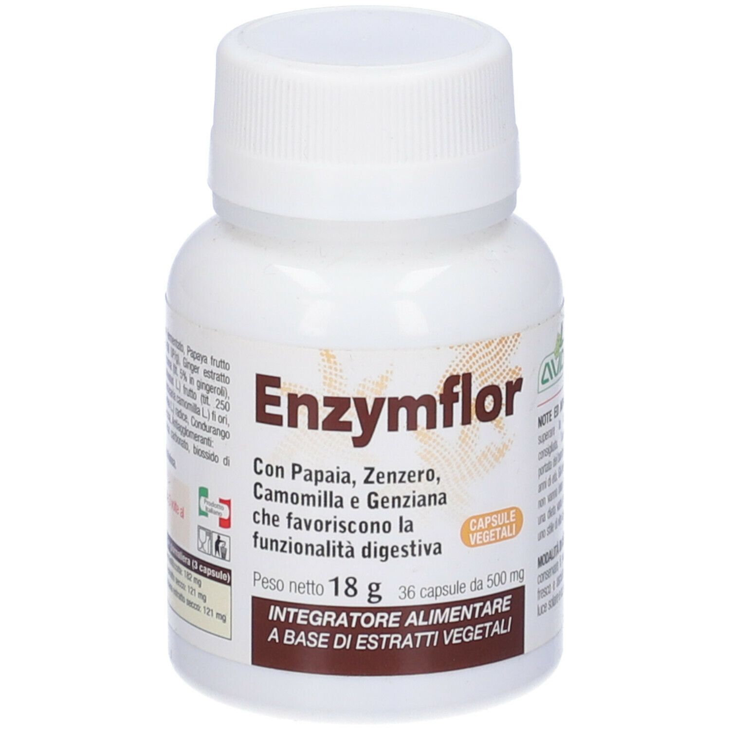 Flacone bianco di Enzymflor. Contiene 36 capsule. Etichette marroni e bianche con informazioni sul prodotto.