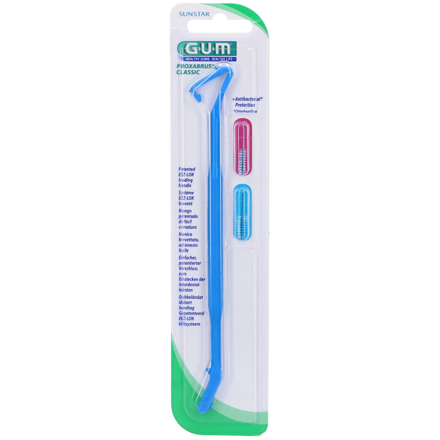 GUM Proxabrush Classic blu, con due cappucci protettivi, confezione. Marchio e nome del prodotto visibili.