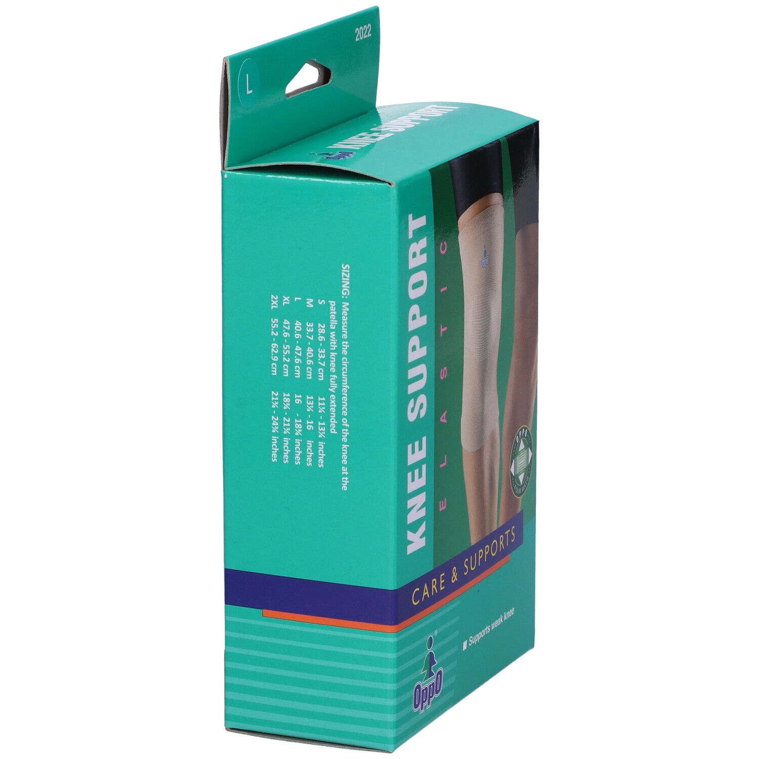 Verpackung der Oppo Kniebandage. Seitenansicht. Aufdruck: KNEE SUPPORT ELASTIC, CARE & SUPPORTS. Größenangaben.