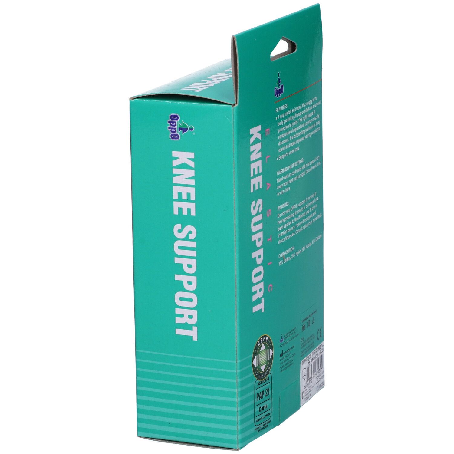 Seitenansicht der Oppo Kniebandagen-Verpackung. Aufdruck: KNEE SUPPORT ELASTIC. Logo Oppo. PAP 21-Kennzeichnung.