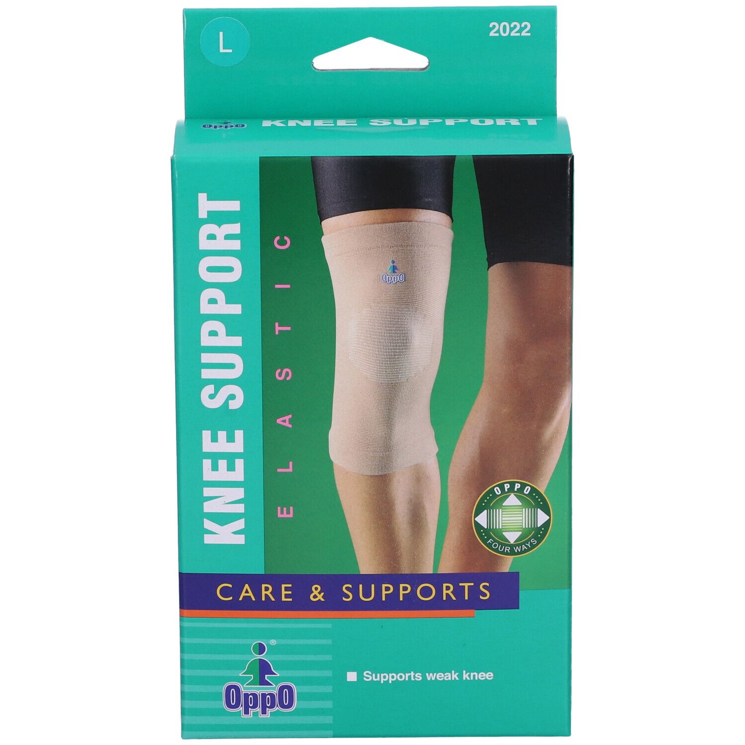 Oppo Kniebandage in Verpackung. Größe L. Aufdruck: KNEE SUPPORT ELASTIC, CARE & SUPPORTS. Grün-weißes Design.