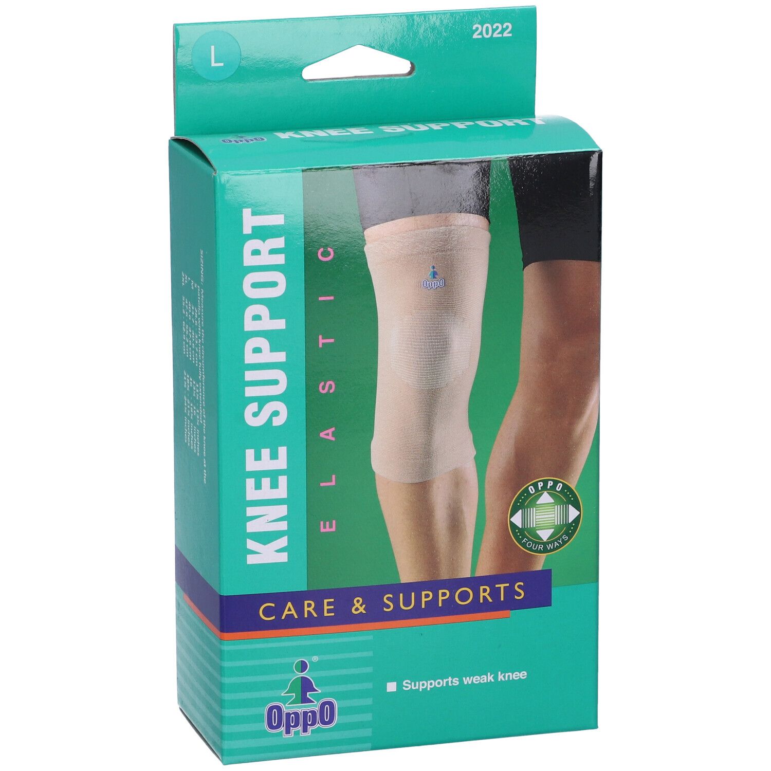 Oppo Kniebandage in Verpackung. Größe L. Aufdruck: KNEE SUPPORT ELASTIC, CARE & SUPPORTS. Grün-weißes Design.