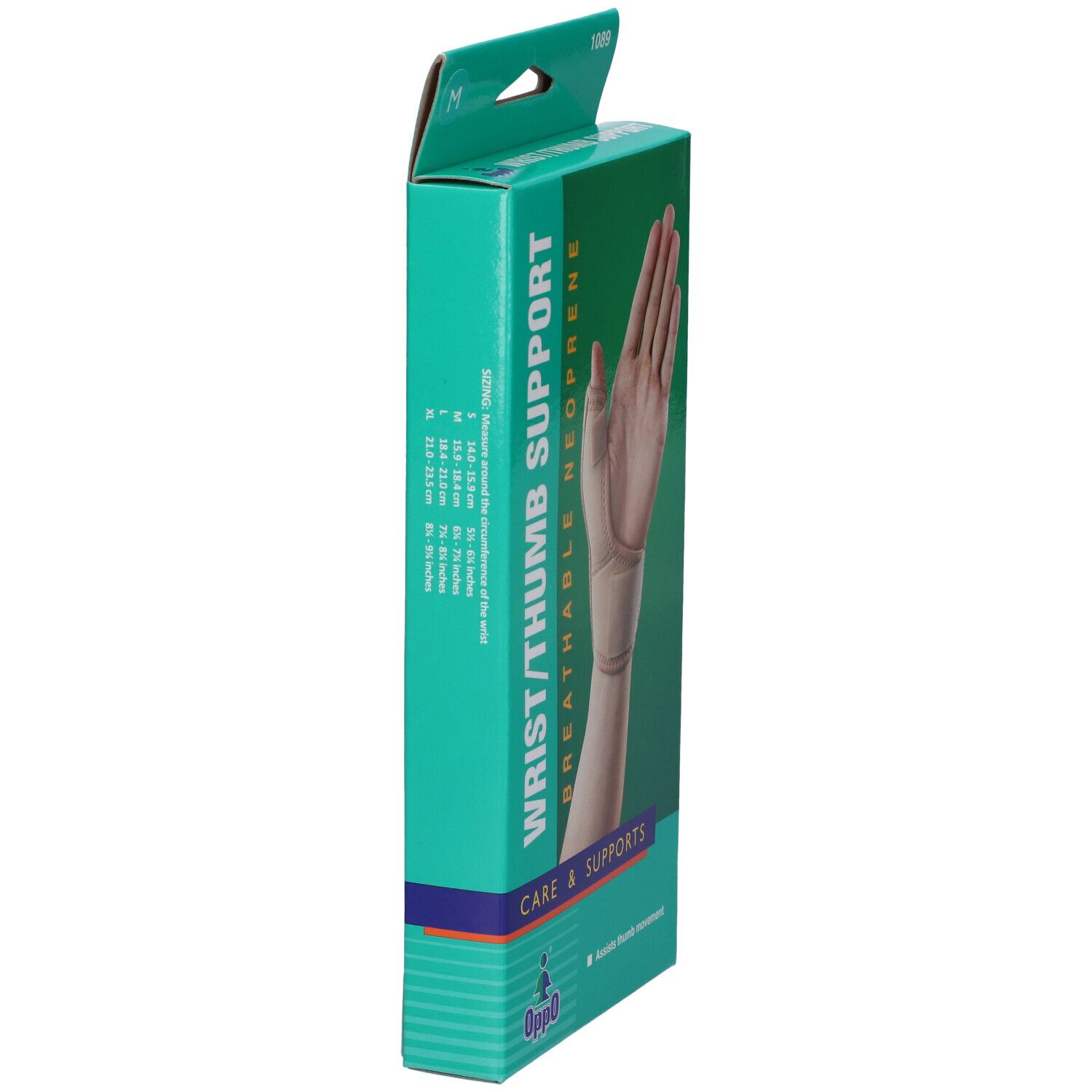 Seitenansicht der Verpackung des Handgelenk-/Daumenstütze. Aufschrift: Wrist/Thumb Support, atmungsaktives Neopren. Marke Oppo.