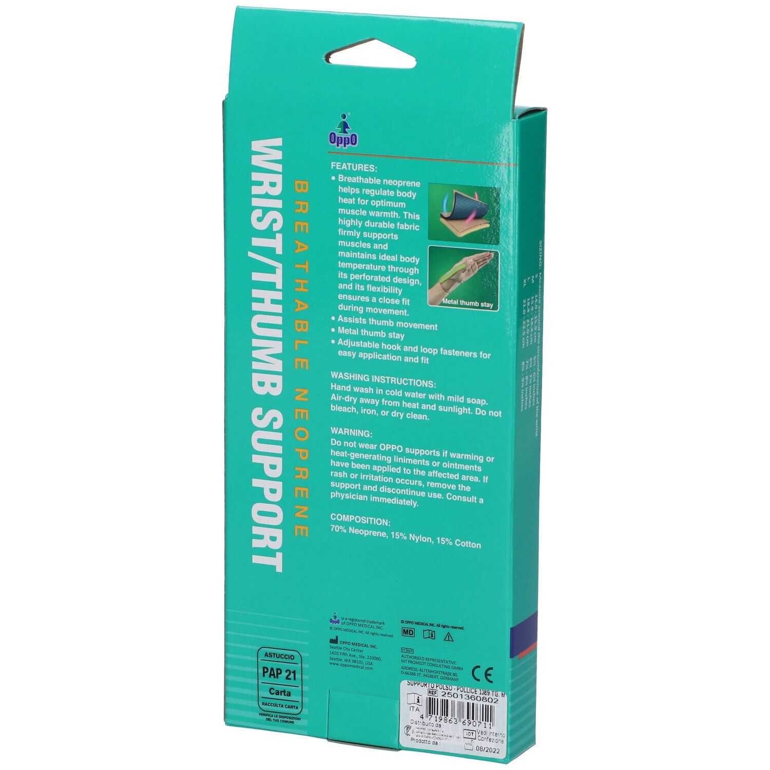 Rückseite der Verpackung des Handgelenk-/Daumenstütze. Aufschrift: Wrist/Thumb Support, atmungsaktives Neopren. Marke Oppo. Informationen.