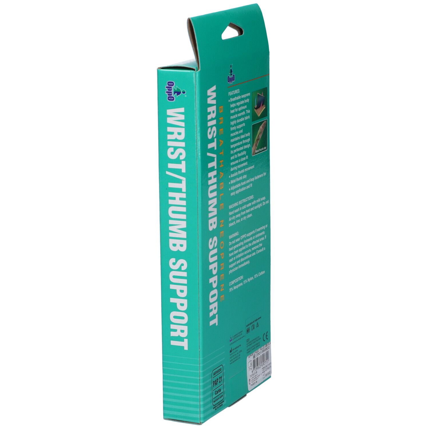 Seitenansicht der Verpackung des Handgelenk-/Daumenstütze. Aufschrift: Wrist/Thumb Support, atmungsaktives Neopren. Marke Oppo.
