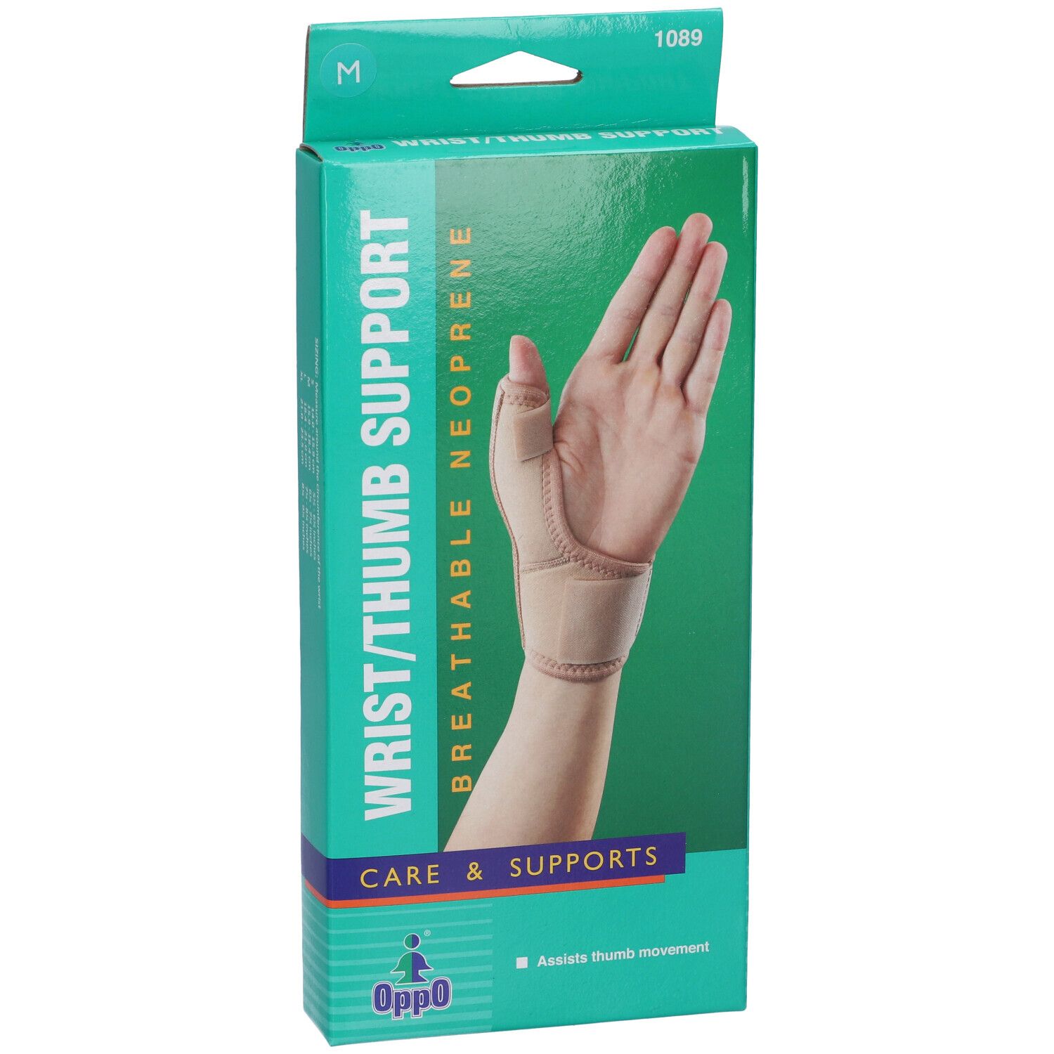 Vorderansicht der Verpackung des Handgelenk-/Daumenstütze. Aufschrift: Wrist/Thumb Support, atmungsaktives Neopren. Marke Oppo. Größe M.