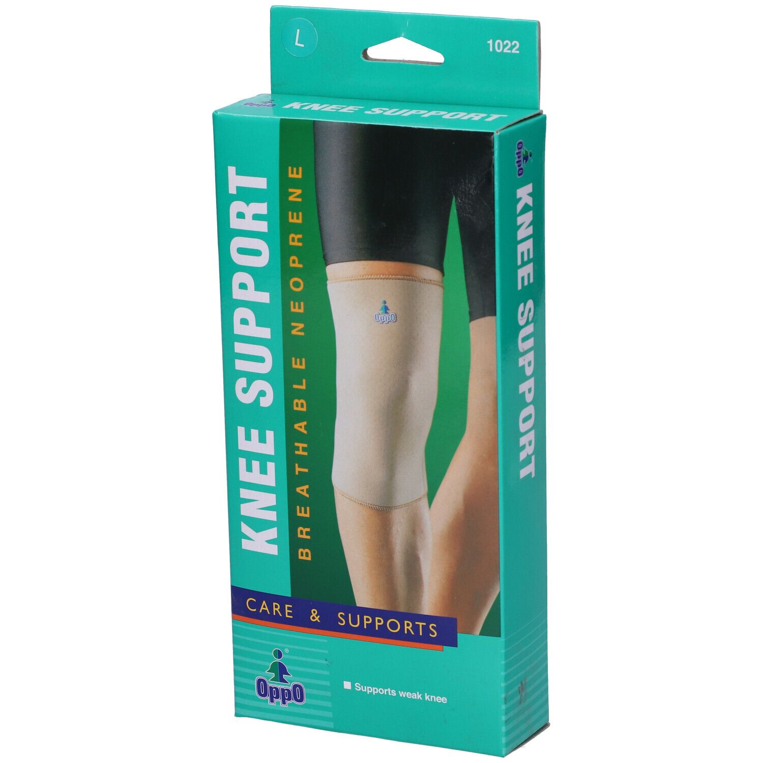 Ginocchiera Oppo in confezione. Taglia L. Neoprene. Scritta: KNEE SUPPORT, traspirante.