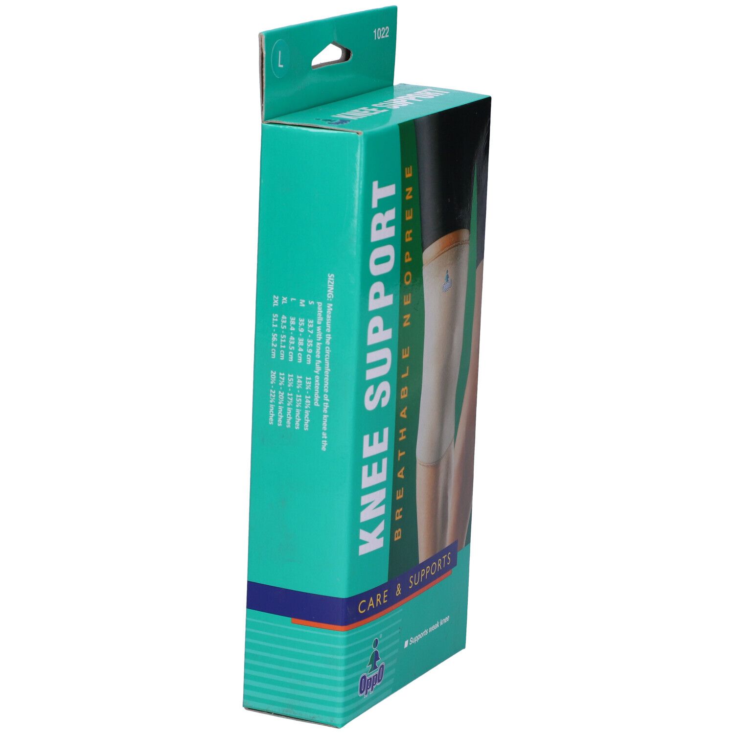 Confezione laterale della ginocchiera Oppo. Taglia L. Scritta: KNEE SUPPORT, traspirante. Neoprene.