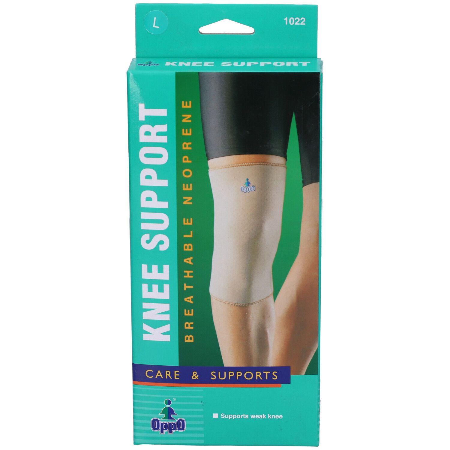 Ginocchiera Oppo in confezione. Taglia L. Neoprene. Scritta: KNEE SUPPORT, traspirante.