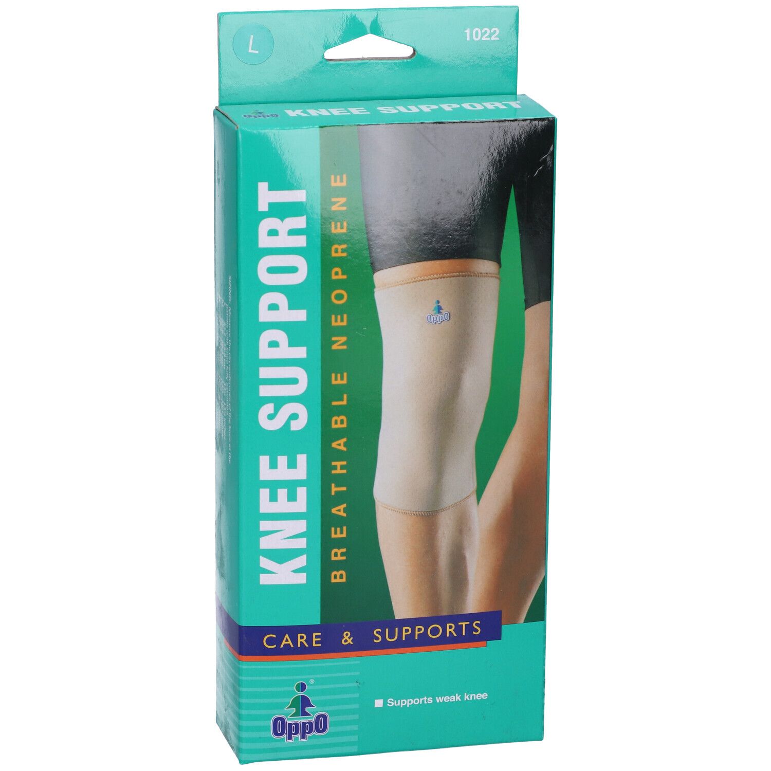 Ginocchiera Oppo in confezione. Taglia L. Neoprene. Scritta: KNEE SUPPORT, traspirante.
