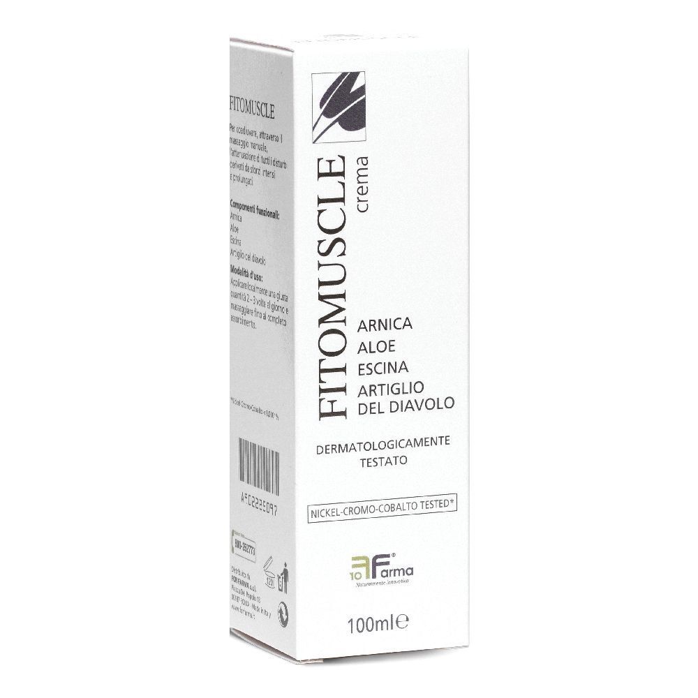 Scatola bianca FITOMUSCLE crema. Testo: Arnica, Aloe, Escina, Artiglio del Diavolo. Dermatologicamente testato.