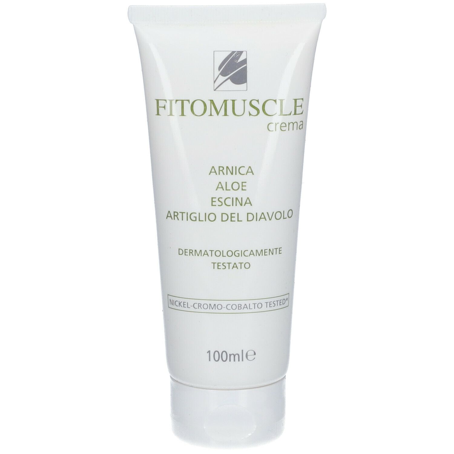 Tubo bianco FITOMUSCLE crema. Testo: Arnica, Aloe, Escina, Artiglio del Diavolo. Dermatologicamente testato. 100ml.