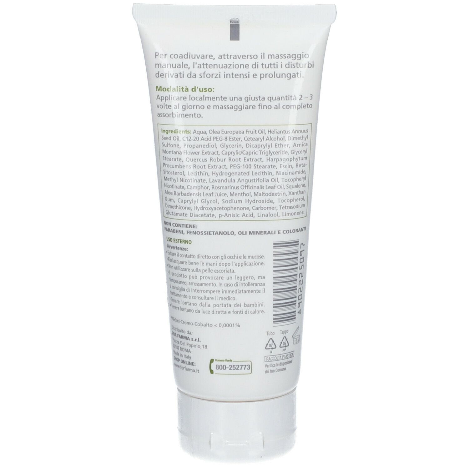 Retro del tubo bianco FITOMUSCLE crema. Testo: Ingredienti, istruzioni per l'uso. Senza parabeni, oli minerali e coloranti.