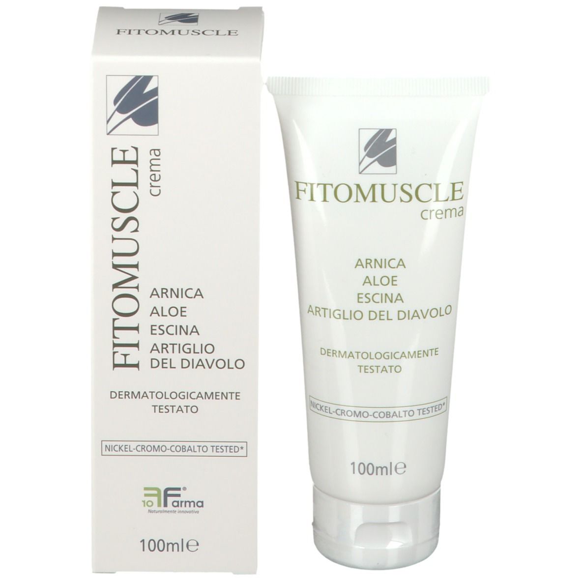 Confezione prodotto: tubo e scatola FITOMUSCLE crema. Testo: Arnica, Aloe, Escina, Artiglio del Diavolo. Dermatologicamente testato. 100ml.