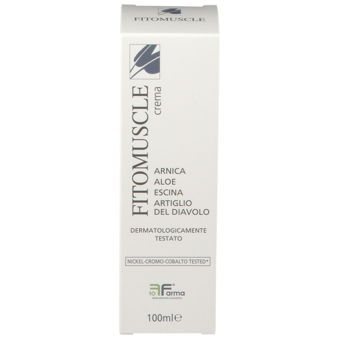 Scatola bianca FITOMUSCLE crema. Testo: Arnica, Aloe, Escina, Artiglio del Diavolo. Dermatologicamente testato. 100ml.