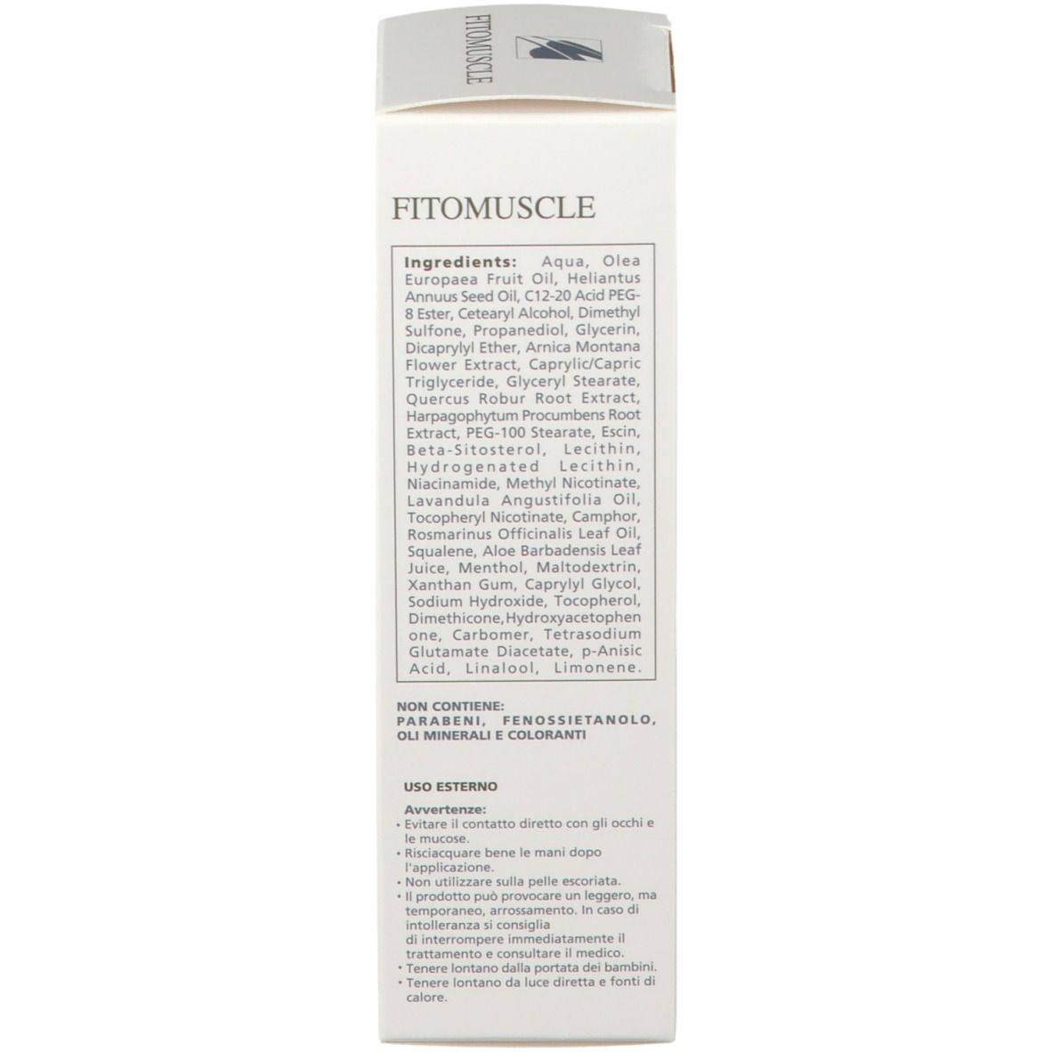 Retro della scatola bianca FITOMUSCLE crema. Testo: Ingredienti, istruzioni per l'uso. Senza parabeni, oli minerali e coloranti.