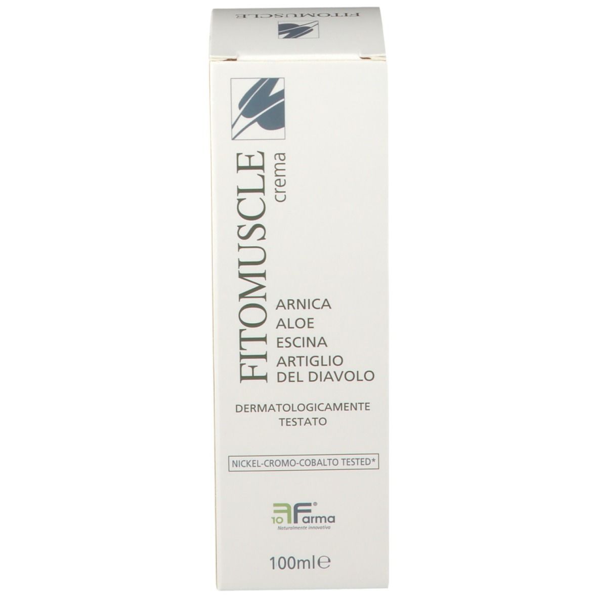 Scatola bianca FITOMUSCLE crema. Testo: Arnica, Aloe, Escina, Artiglio del Diavolo. Dermatologicamente testato. 100ml.