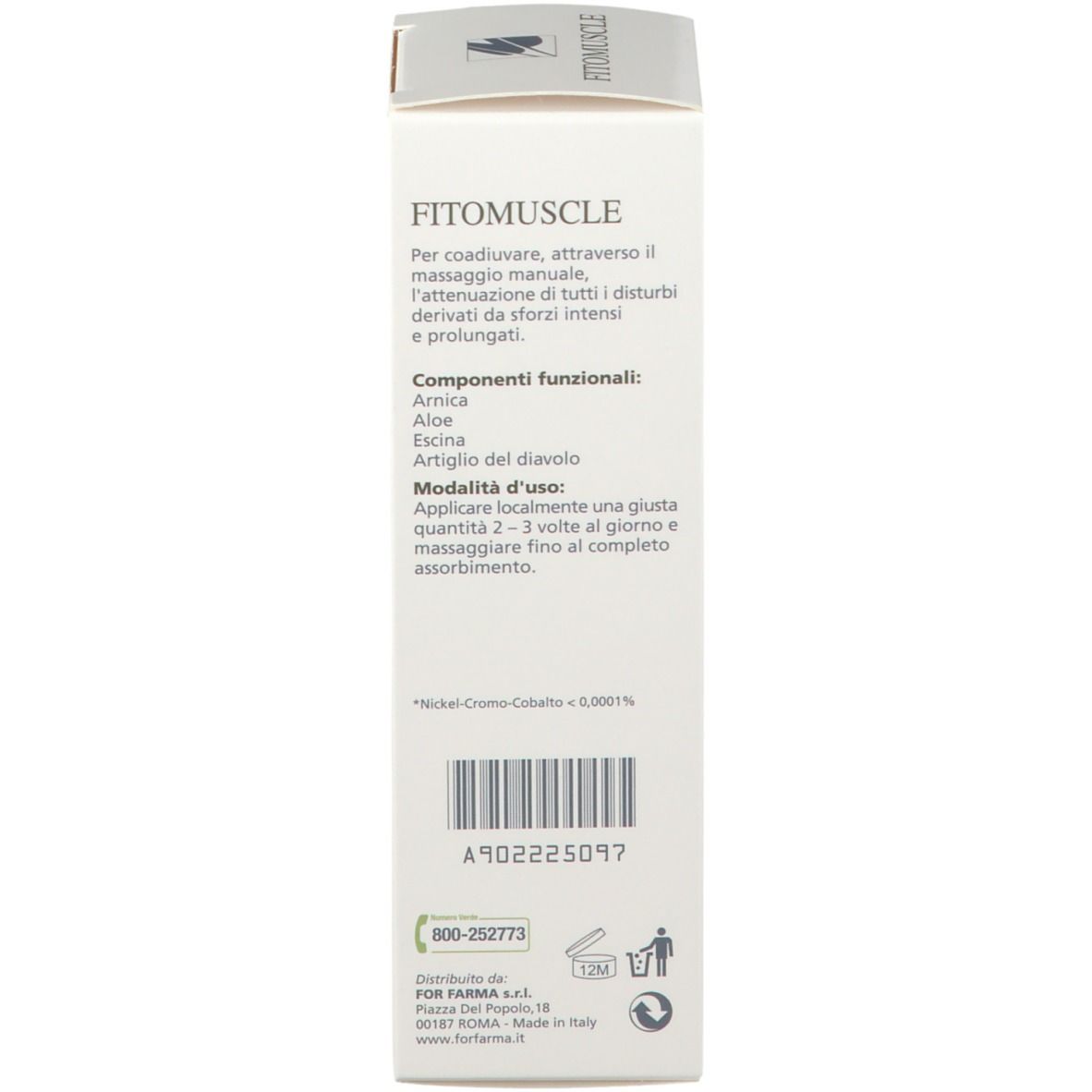 Retro della scatola bianca FITOMUSCLE crema. Testo: Ingredienti, istruzioni per l'uso. Senza parabeni, oli minerali e coloranti.