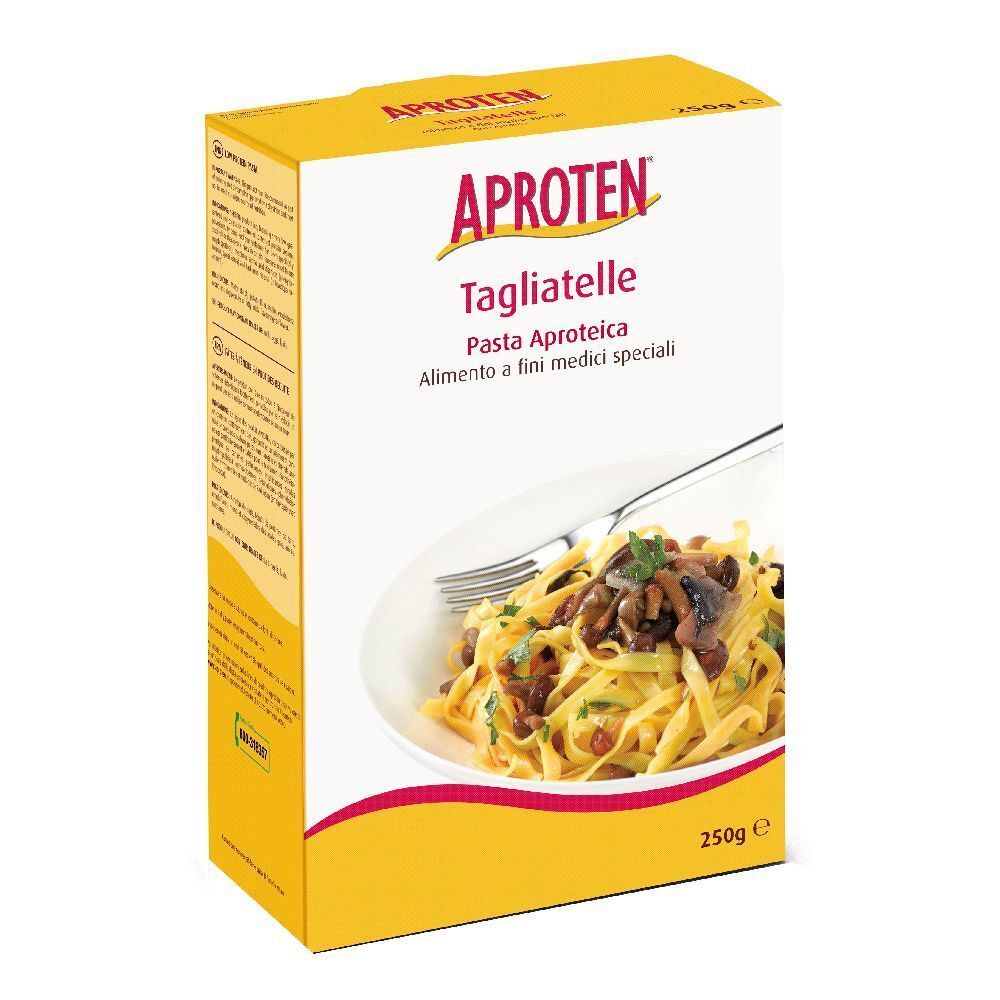 Scatola gialla di Tagliatelle Aproten. Il prodotto è raffigurato sul fronte. 250g.
