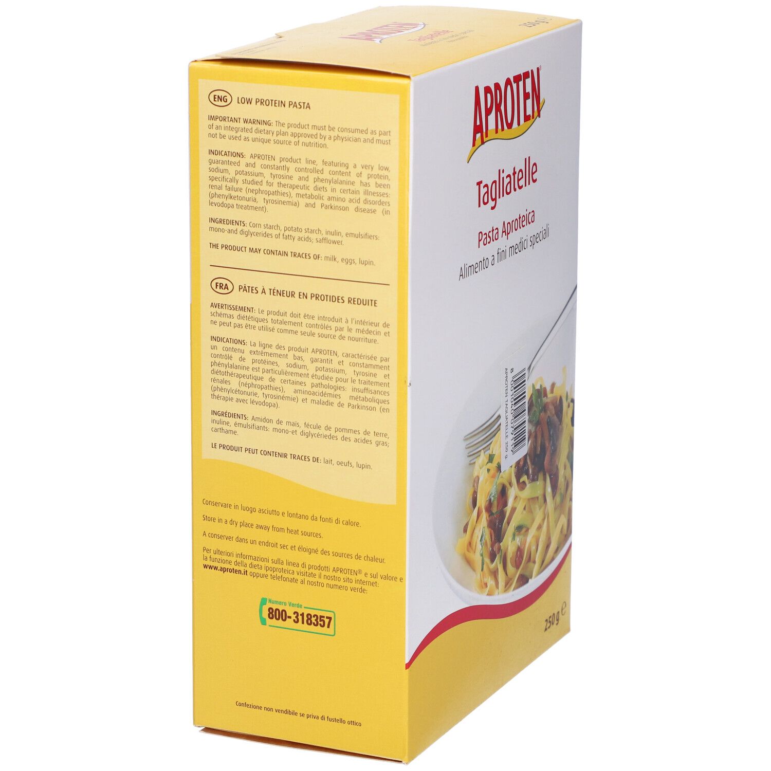 Scatola gialla di Tagliatelle Aproten. Lato con informazioni e contatti.