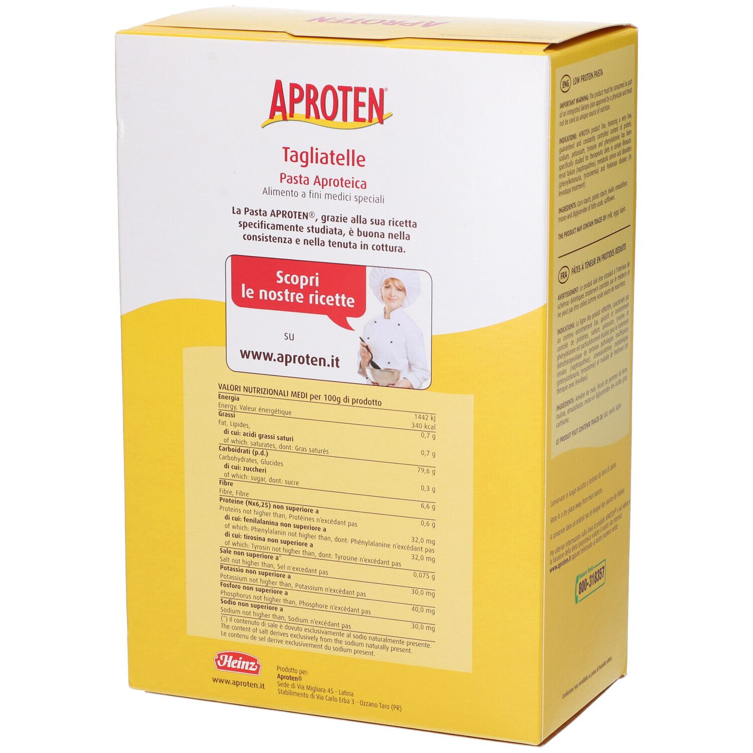 Scatola gialla di Tagliatelle Aproten. Retro con informazioni nutrizionali e ricetta.