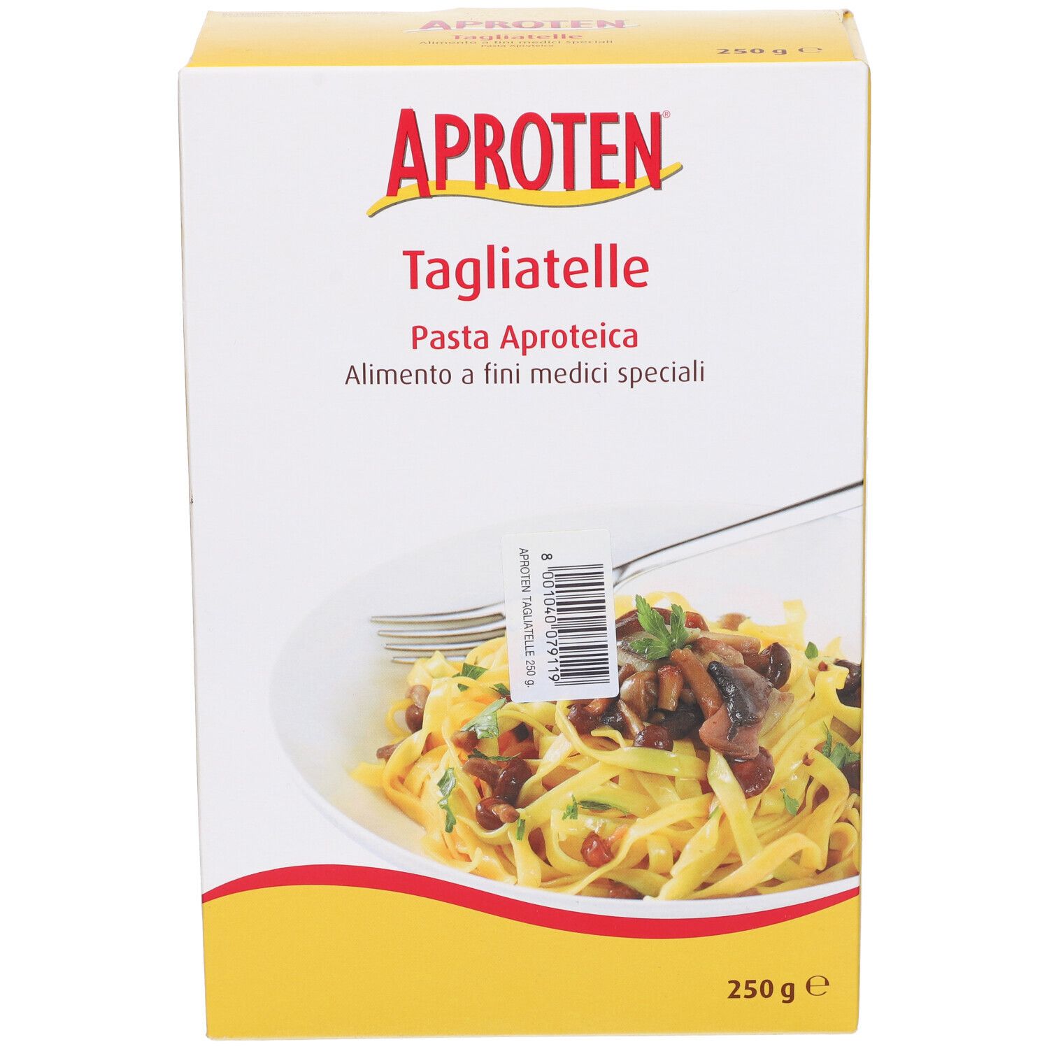 Scatola gialla di Tagliatelle Aproten. Fronte con prodotto e 250g.