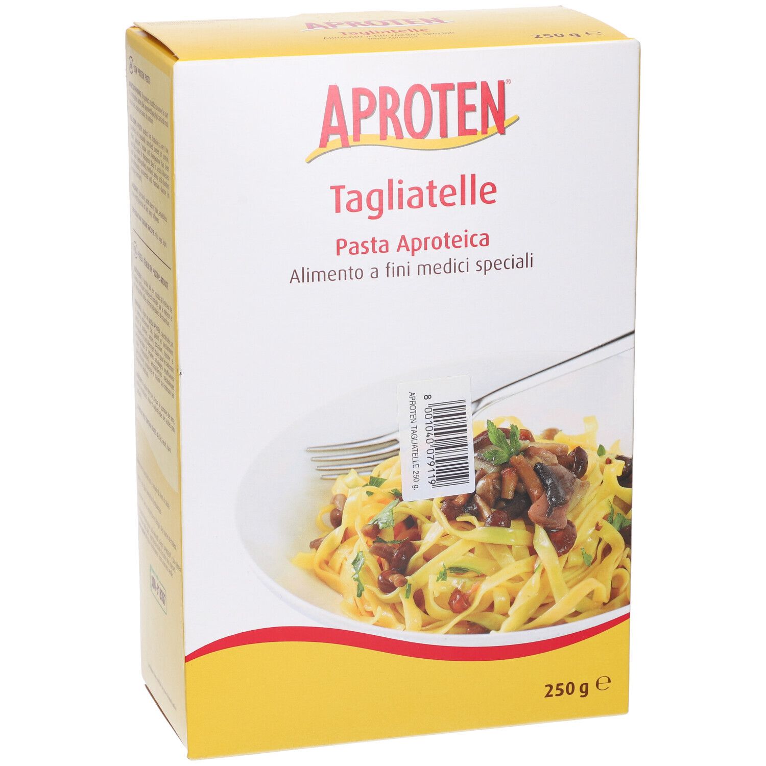 Scatola gialla di Tagliatelle Aproten. Fronte con prodotto e 250g.