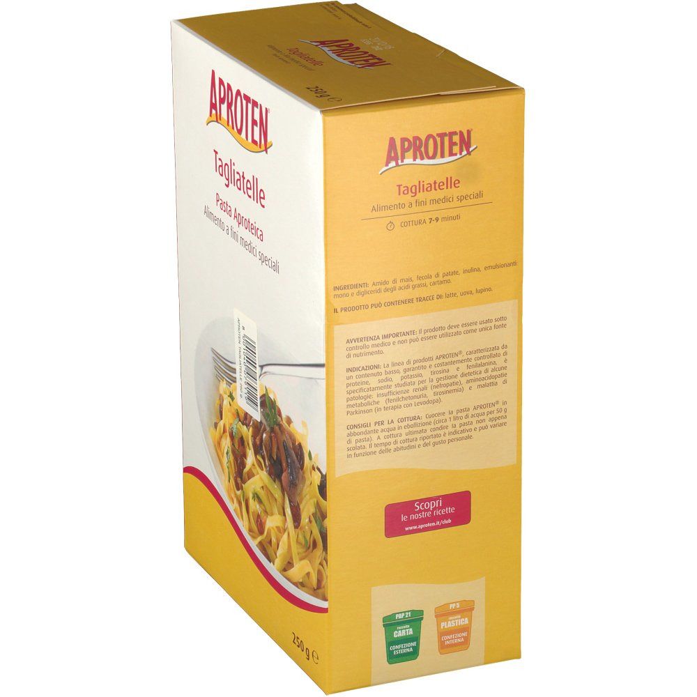 Scatola gialla di Tagliatelle Aproten. Informazioni e ingredienti sul lato.