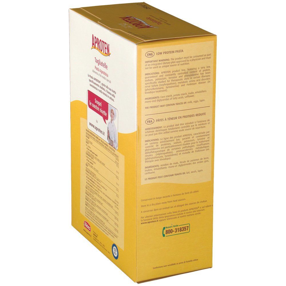 Scatola gialla di Tagliatelle Aproten. Lato con informazioni e contatti.