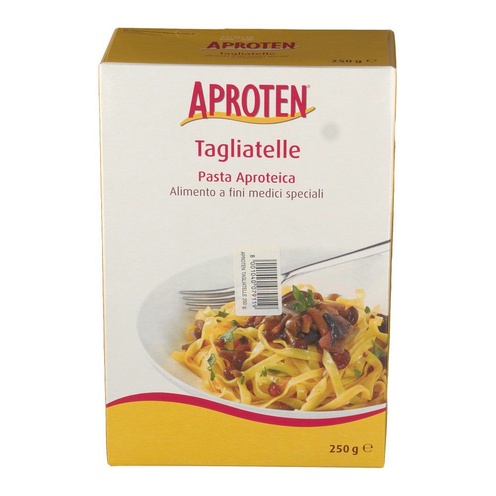 Scatola gialla di Tagliatelle Aproten. Fronte con prodotto e 250g.
