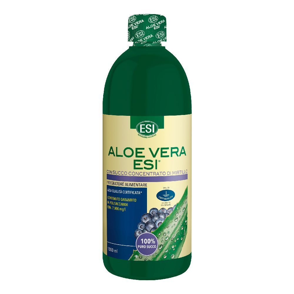 Bottiglia verde ESI Aloe Vera Mirtillo. Etichetta con informazioni e logo. Succo 100% puro.