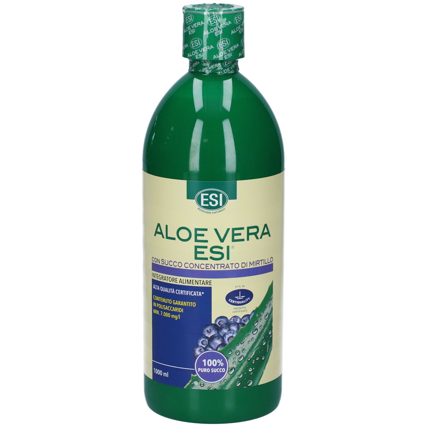 Bottiglia verde ESI Aloe Vera Mirtillo. Etichetta con info, logo e illustrazione mirtilli. Succo 100% puro.