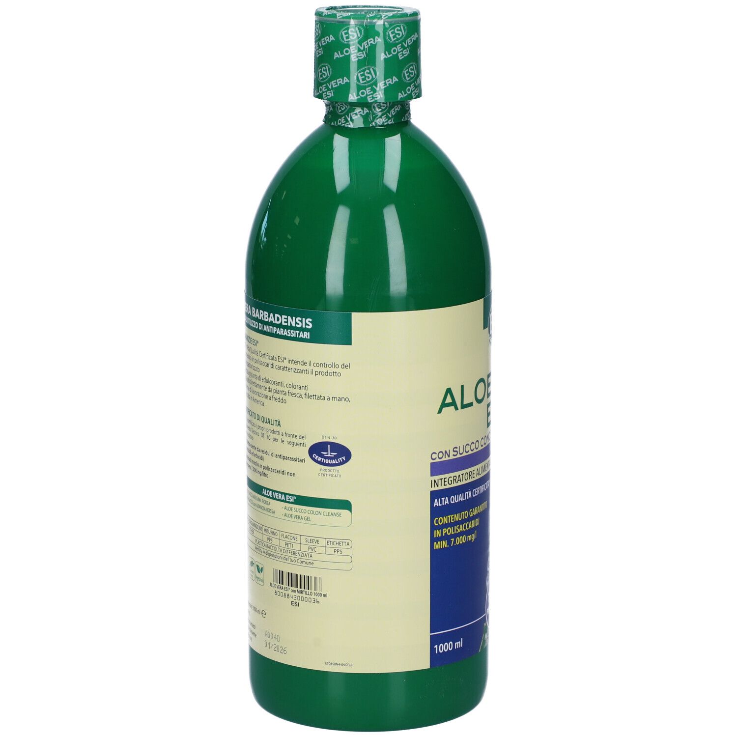 Bottiglia verde ESI Aloe Vera Mirtillo. Retro con informazioni e ingredienti. Succo 100% puro.