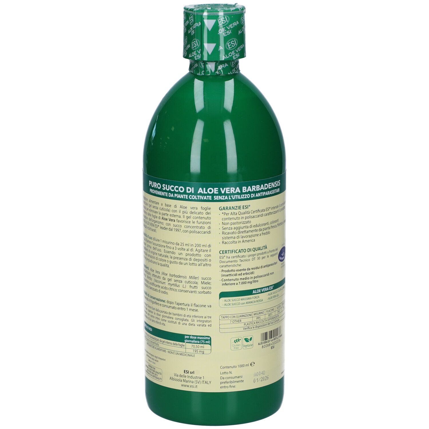 Bottiglia verde ESI Aloe Vera Mirtillo. Retro con informazioni e ingredienti. Succo 100% puro.