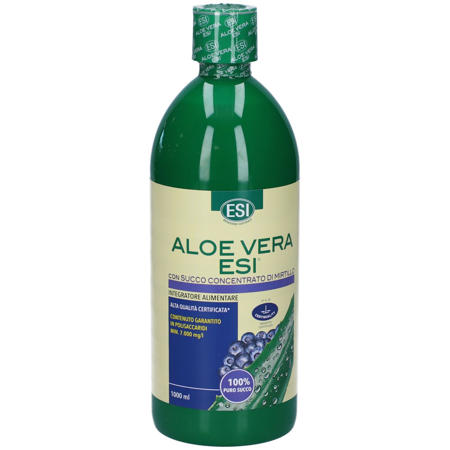 Bottiglia verde ESI Aloe Vera Mirtillo. Etichetta con info, logo e illustrazione mirtilli. Succo 100% puro.