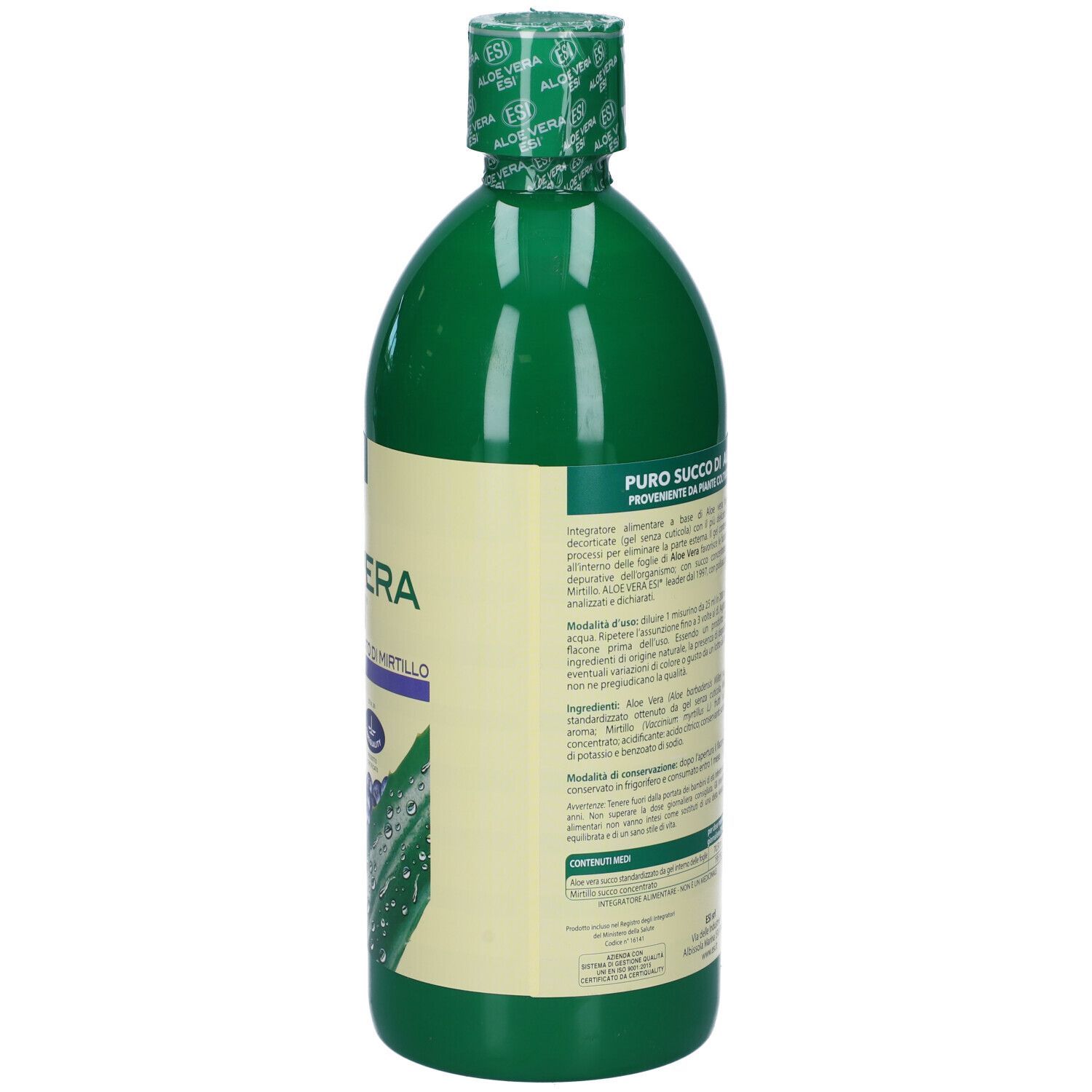 Bottiglia verde ESI Aloe Vera Mirtillo. Retro con informazioni e ingredienti. Succo 100% puro.