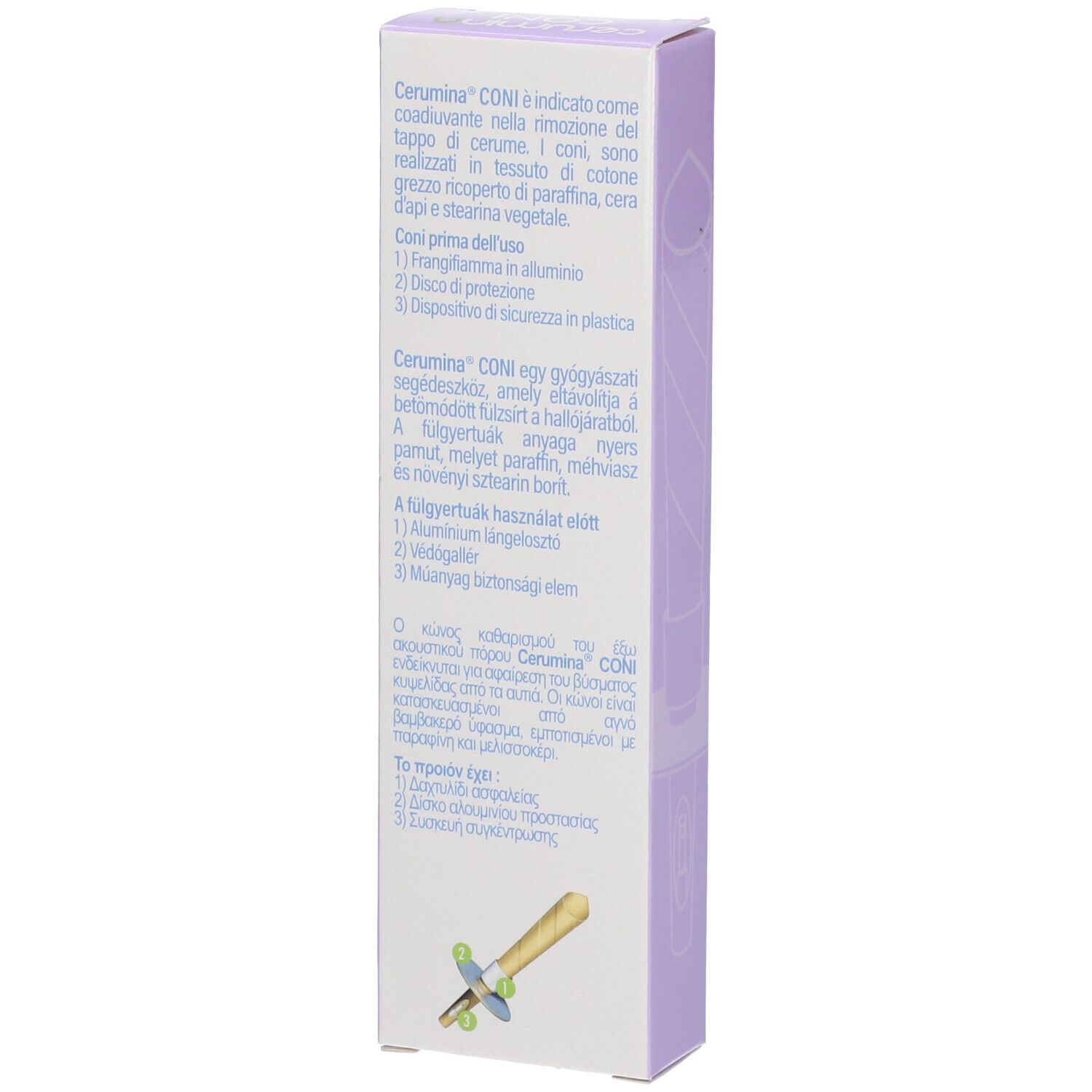Rückseite der Verpackung CERUMINA Coni. Text in mehreren Sprachen. Abbildung von Ohrenreinigungs-Kegeln.