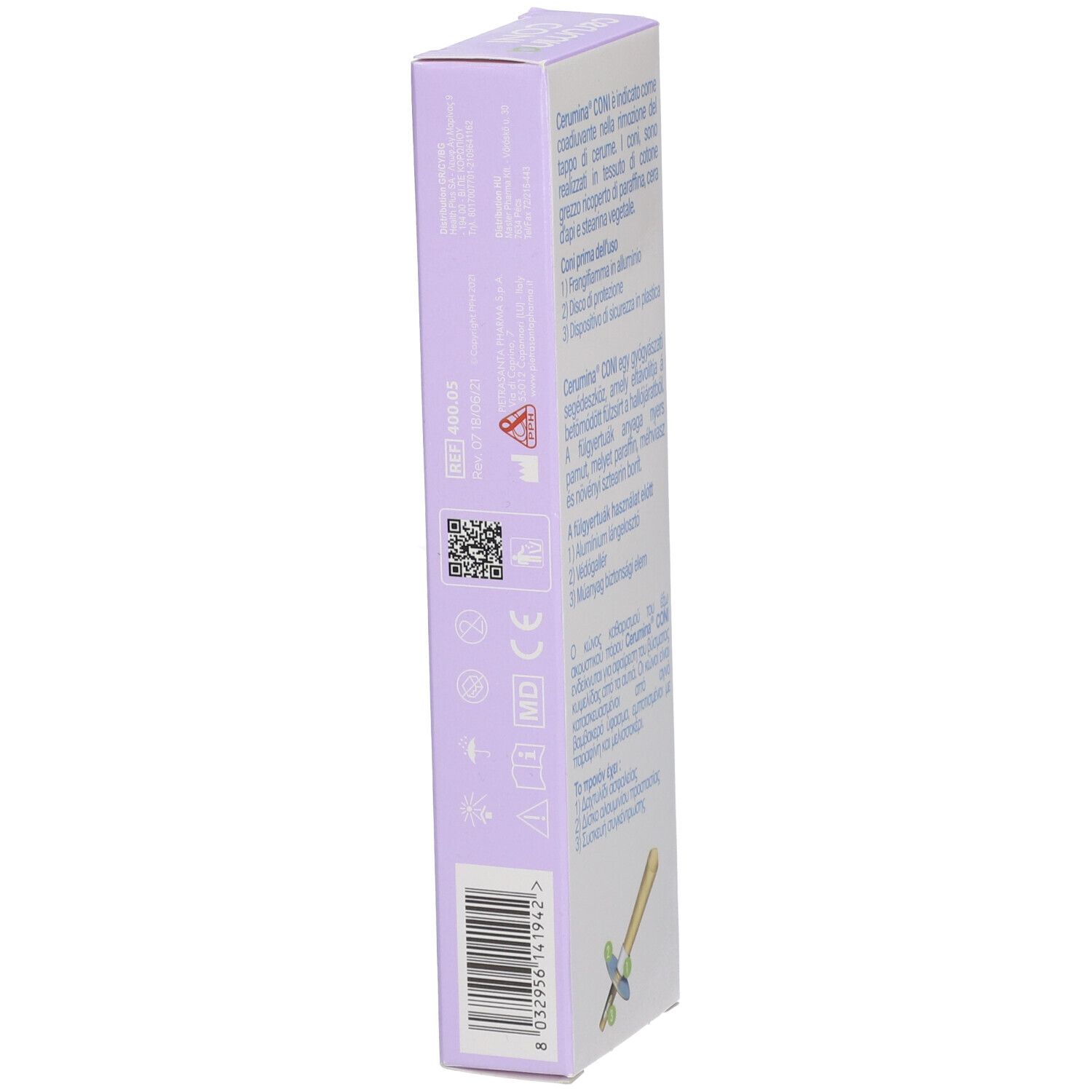 Verpackung CERUMINA Coni. Enthält Ohrenreinigungs-Kegel. Seitenansicht mit Text und Barcode.
