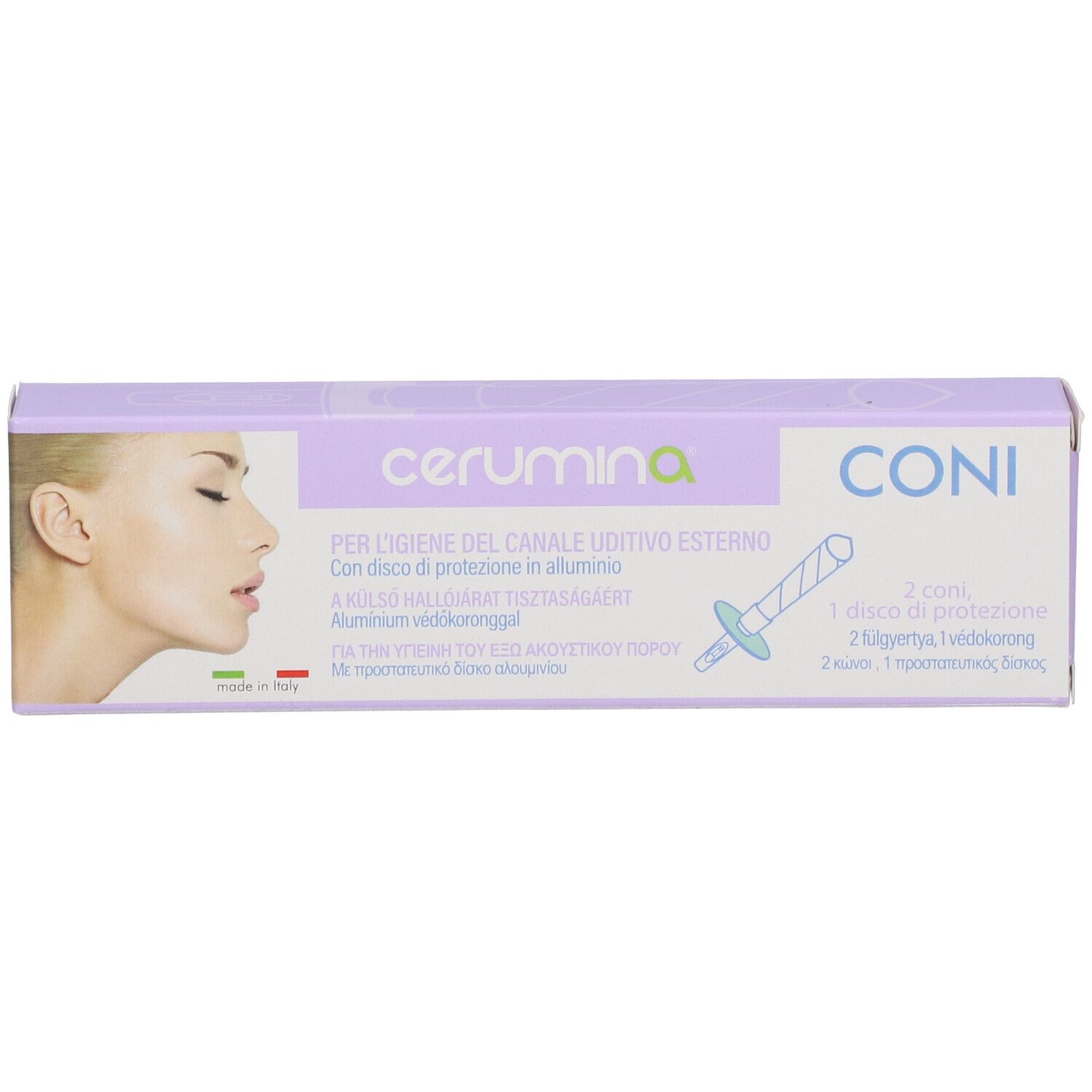 Verpackung CERUMINA Coni. Enthält Ohrenreinigungs-Kegel. Abbildung einer Frau. Text in Italienisch.
