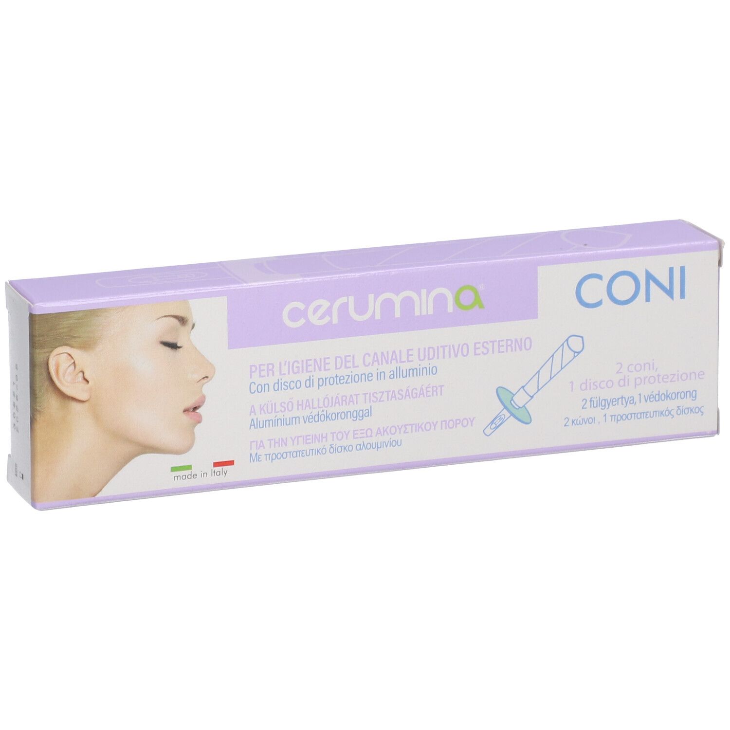 Verpackung CERUMINA Coni. Enthält Ohrenreinigungs-Kegel. Abbildung einer Frau. Text in Italienisch.
