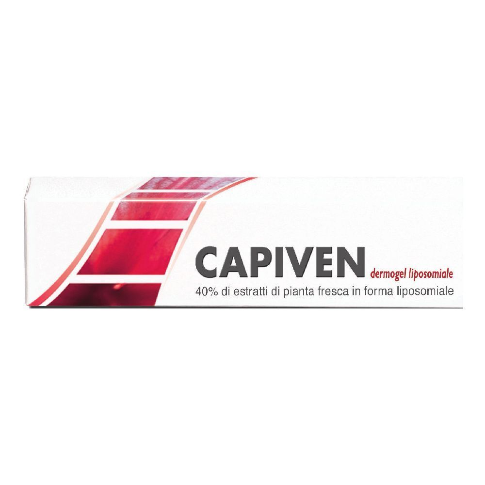 Scatola bianca con design rosso. Scritta CAPIVEN. Testo: 40% di estratti di pianta fresca in forma liposomiale.
