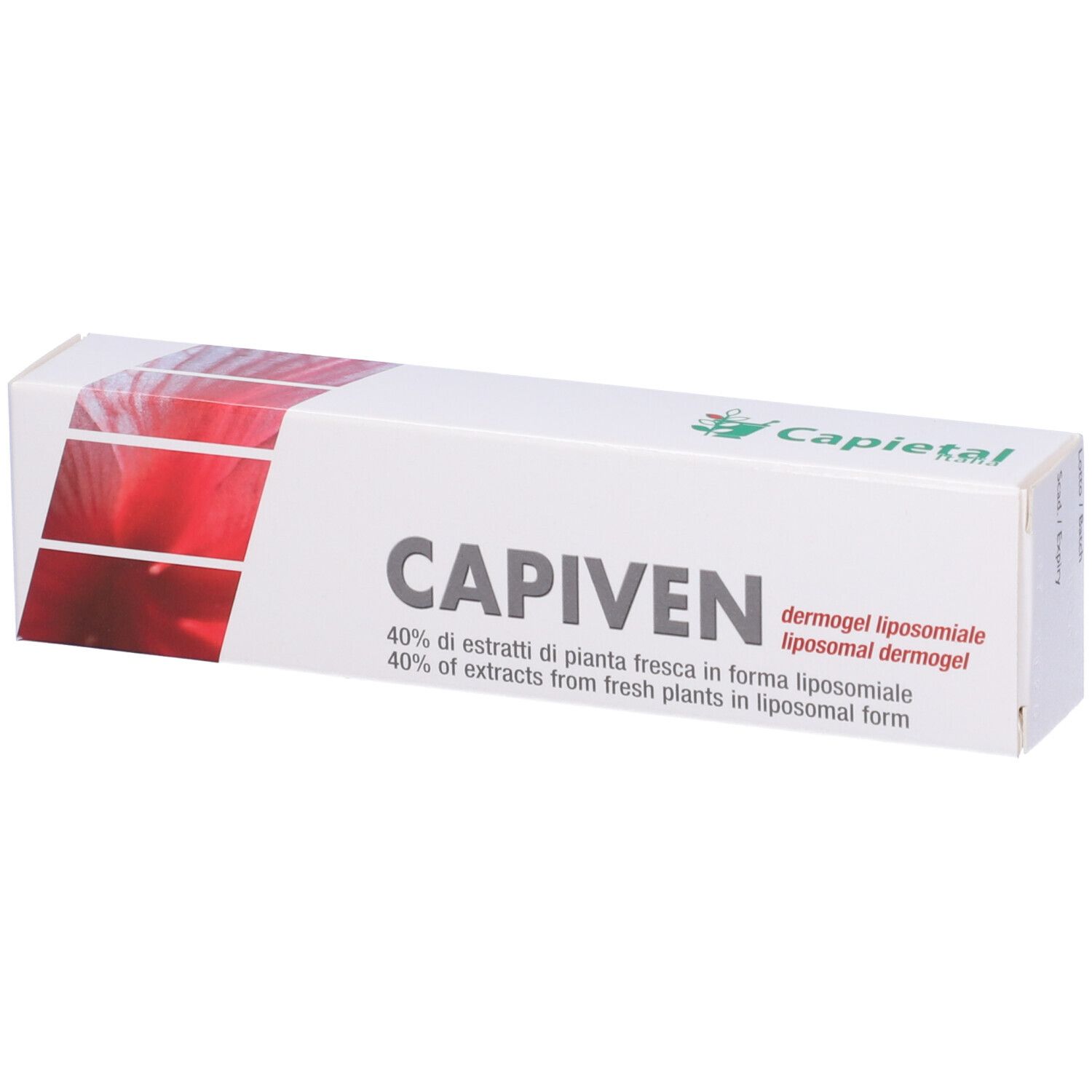 Scatola bianca con design rosso. Scritta CAPIVEN. Testo: 40% of extracts from fresh plants in liposomal form.