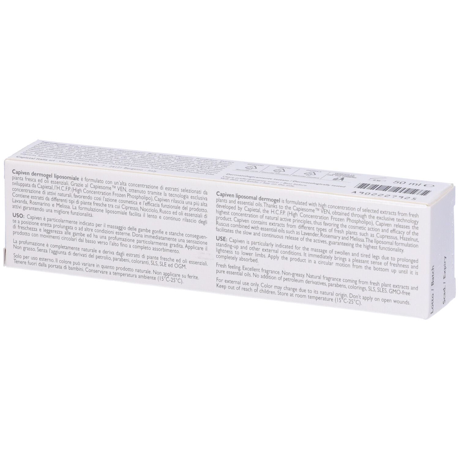 Scatola bianca con testo. Scritta CAPIVEN. Testo in italiano. Retro con informazioni e istruzioni per l'uso.