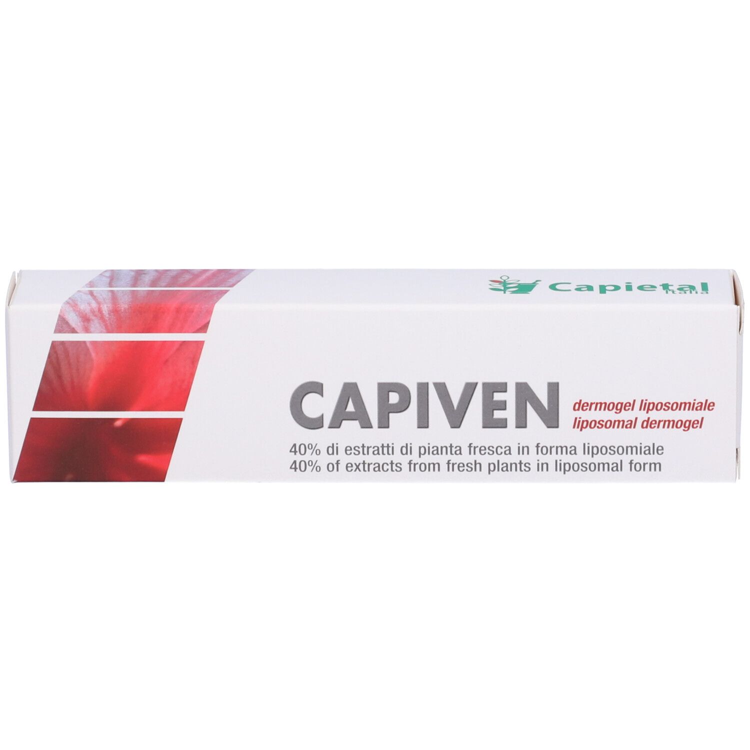 Scatola bianca con design rosso. Scritta CAPIVEN. Testo: 40% of extracts from fresh plants in liposomal form.