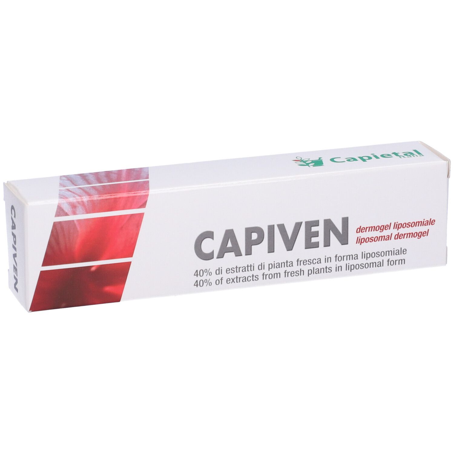Scatola bianca con design rosso. Scritta CAPIVEN. Testo: 40% of extracts from fresh plants in liposomal form.
