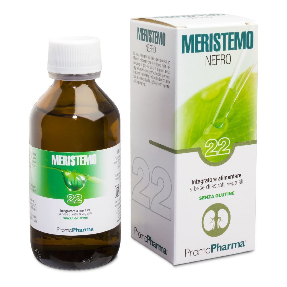 Flacone in vetro marrone e scatola. Scritta: Meristemo 22 Nefro. Confezione verde e bianca. Logo: PromoPharma. Senza glutine.