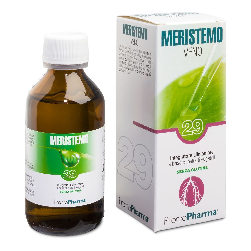 Braune Glasflasche mit weißem Deckel und Karton. Aufschrift: Meristemo Veno 29. PromoPharma Logo.
